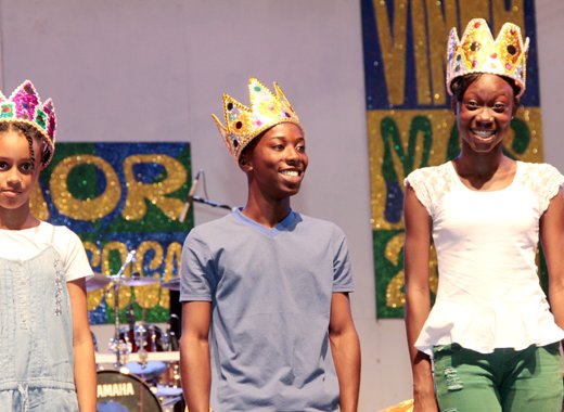 From left: Primary School Calypso Monarch Tia "Singing Tia" Wyllie, Secondary School Calypso Monarch Rochard "Mighty Kel" Tittle, and Junior Soca Monarch Neisha "Mighty Spice" Richards. (IWN Photo)