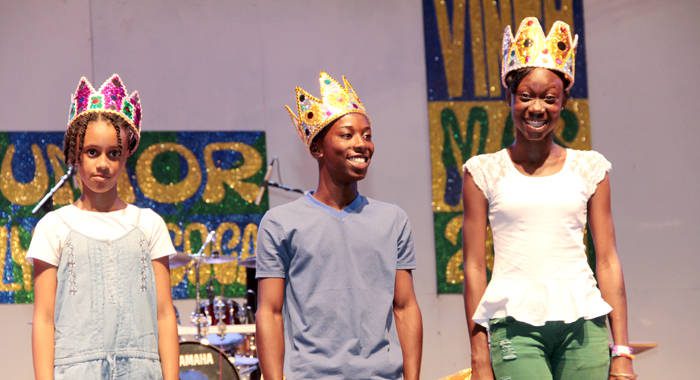From left: Primary School Calypso Monarch Tia "Singing Tia" Wyllie, Secondary School Calypso Monarch Rochard "Mighty Kel" Tittle, and Junior Soca Monarch Neisha "Mighty Spice" Richards. (IWN Photo)