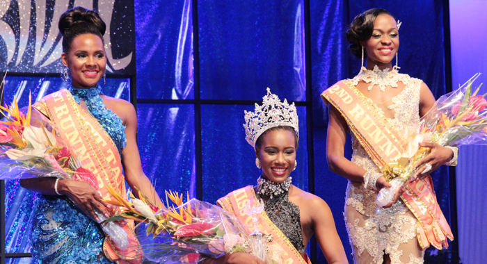 Miss Carival 2014, Miss Dominica Francine Baron, and First Runner-up Miss St. Kitts and Nevis Kaeve Armstrong and Second Runner-up Miss Antigua and Barbuda Raynel Carroll. (IWN photo)