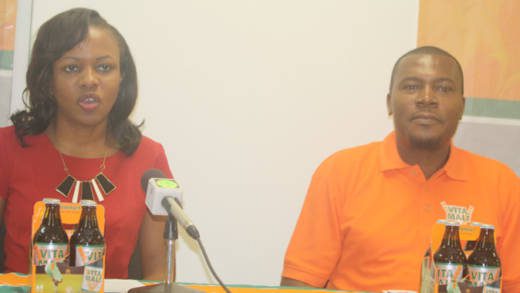Shafia London, left, and Kelvin Franklyn of St. Vincent Brewery Ltd.