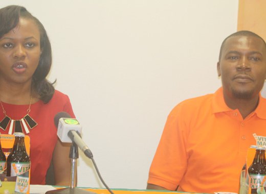 Shafia London, left, and Kelvin Franklyn of St. Vincent Brewery Ltd.