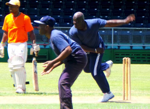 RSVG Police medium pacer Elvis Browne (3/9) in operation. (Photo: E. Glenford Prescott)