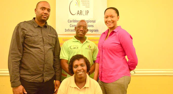 Caribbean Regional Communications Infrastructure Programme coordinators Junior Mc Intyre, Christopher Roberts, Alice Bain, and Roxanne John at the regional technology conference in Curacao. (Photo courtesy CARCIP)