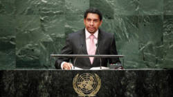 Sen. Camillo Gonsalves as he addressed the United Nations General Assembly on Monday. (UN photo)