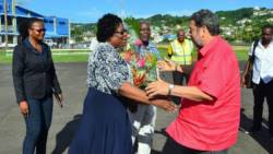 Gonsalves is greeted by Deputy PM, Girlyn Miguel on his return to St. Vincent. (Photo: Lance Neverson/Facebook)