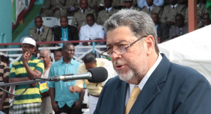 Prime Minister Dr. Ralph Gonsalves addressed the nation during Monday's Independence parade. (IWN photo)