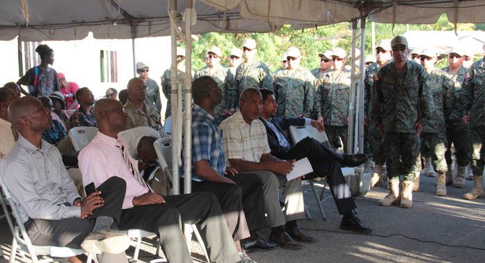 Ecuadorian soldiers and Vincentian government officials at the ceremony on Tuesday. (IWN photo)