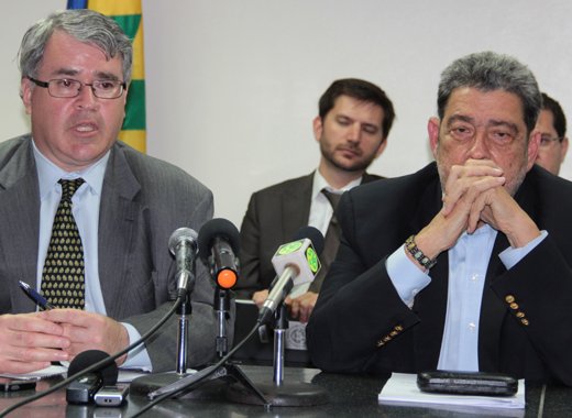 Elie Canetti of the IMF, left, and Prime Minister Dr. Ralph Gonsalves at the press conference on Tuesday. (IWN photo)