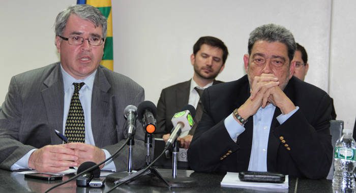 Elie Canetti of the IMF, left, and Prime Minister Dr. Ralph Gonsalves at the press conference on Tuesday. (IWN photo)