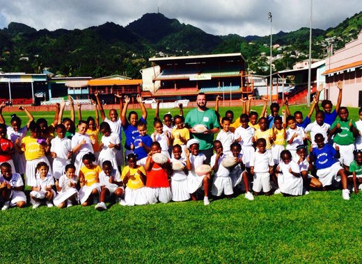 Children and coach Rory Tonkin at St. Mary's Roman Catholic Primary School, Kingstown.