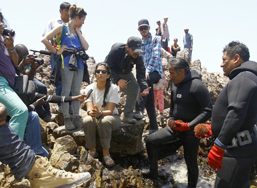 Fishermen speak to journalists in Marcona, Peru. (Photo: V.Vásquez/COP20 CMP10)