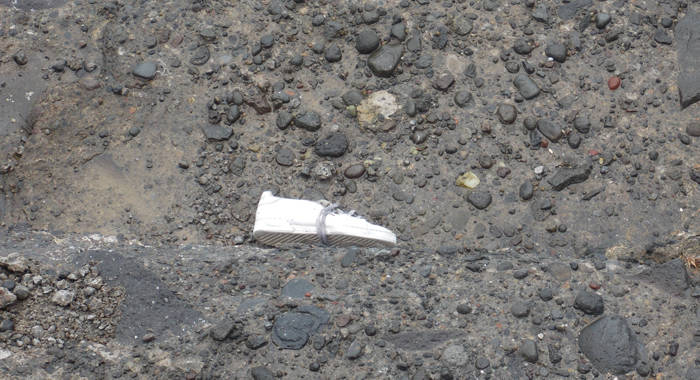 A student's shoe lies at the side of the road after an accident that claimed five lives, including students, in Rock Gutter on Monday. (IWN Photo)