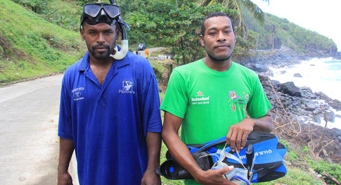 Oneal Thomas, left, and Dillon Baptiste went into the sea to look for the missing students. (IWN photo0