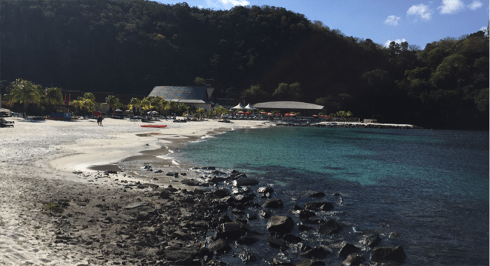 The tiny imported white sand beach at Buccament Bay Resort