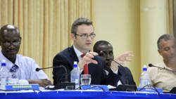 David Geary of Digicel makes a point at the consultation in Kingstown. (IWN photo)