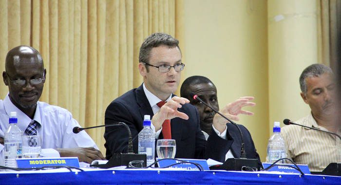 David Geary of Digicel makes a point at the consultation in Kingstown. (IWN photo)