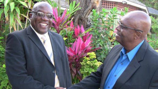 Dr. Timothy Harris, left, and Opposition Leader Arnhim Eustace during Harris' visit to St. Vincent in 2014. (internet photo)
