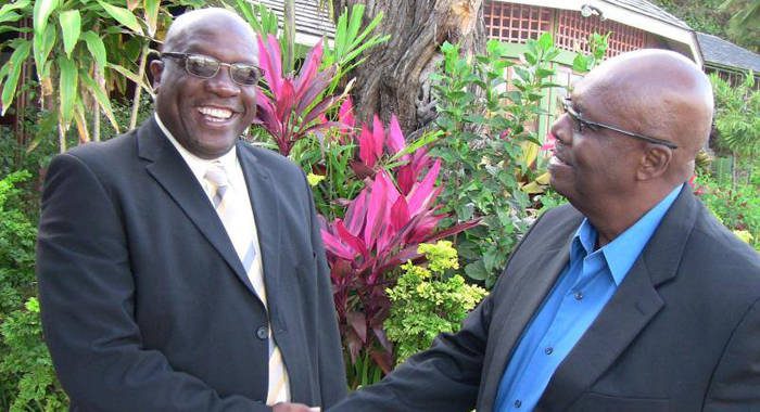 Dr. Timothy Harris, left, and Opposition Leader Arnhim Eustace during Harris' visit to St. Vincent in 2014. (internet photo)