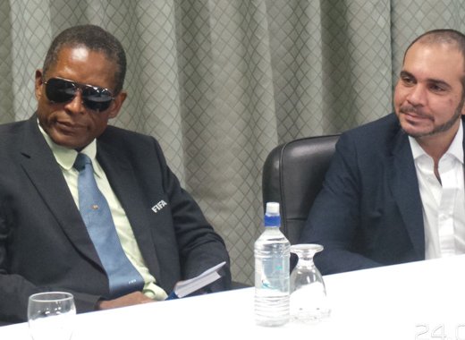 President of the SVG Football Federation Venold Coombs, left, and FIFA presidential candidate Prince Ali bin al-Hussein. (Photo: E. Glenford Prescott)  