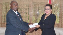 New FAO representative in Guyana, Reuben Robertson presents his credentials to Minister of Foreign Affairs, Carolyn Rodrigues-Birkett. (Photo: GINA)