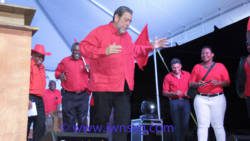 Prime Minister Dr. Ralph Gonsalves dances at the ULP celebration event on Saturday. (IWN photo)