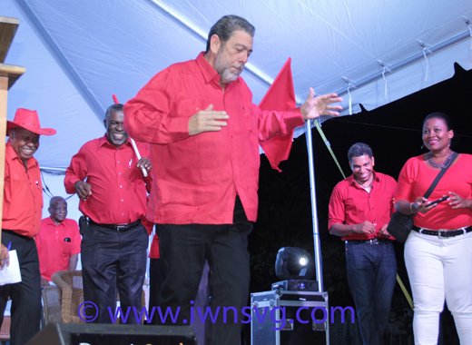 Prime Minister Dr. Ralph Gonsalves dances at the ULP celebration event on Saturday. (IWN photo)