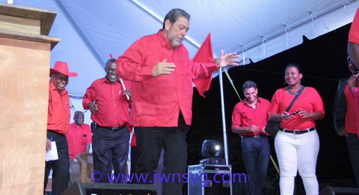 Prime Minister Dr. Ralph Gonsalves dances at the ULP celebration event on Saturday. (IWN photo)
