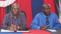 Sir Louis Straker, left, and Maxwell Charles at the press conference on Monday. (IWN photo)