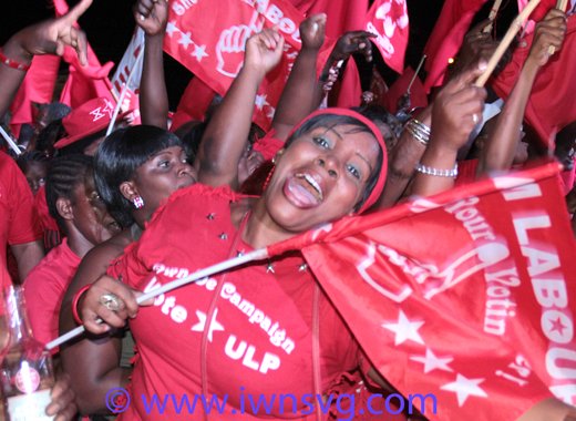 ULP supporters at the party's celebration in Calliaqua Saturday night. (IWN photo)