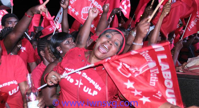 ULP supporters at the party's celebration in Calliaqua Saturday night. (IWN photo)