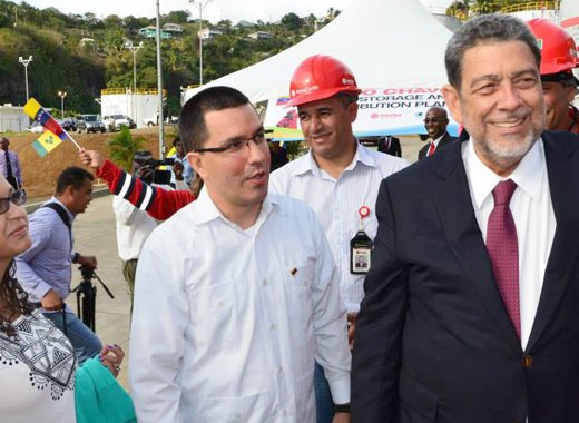 Vice President of Venezuela Jorge Arreaza and Prime Minister Dr. Ralph GOnsalves at the opening of the fuel depot on Tuesday. (Photo: Lance Neverson/Facebook)