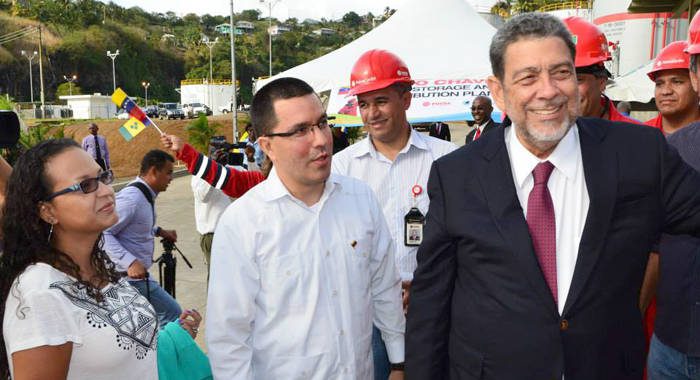 Vice President of Venezuela Jorge Arreaza and Prime Minister Dr. Ralph GOnsalves at the opening of the fuel depot on Tuesday. (Photo: Lance Neverson/Facebook)