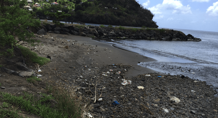 The nasty, sand-mined beach at Layou, adjoining the loading jetty for the town's destructive stone quarry.