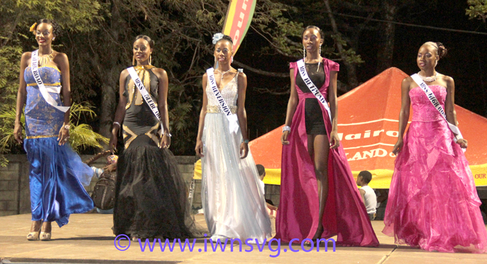 Contestants in evening wear. From left: Miss High Road Shafiqua Llewellyn, Miss Betromé Breanna George, Miss Reversion Cherise Roberts, Miss Glebe Hill Atesha Culzac, Miss Texier Road Felicia John. (IWN photo)