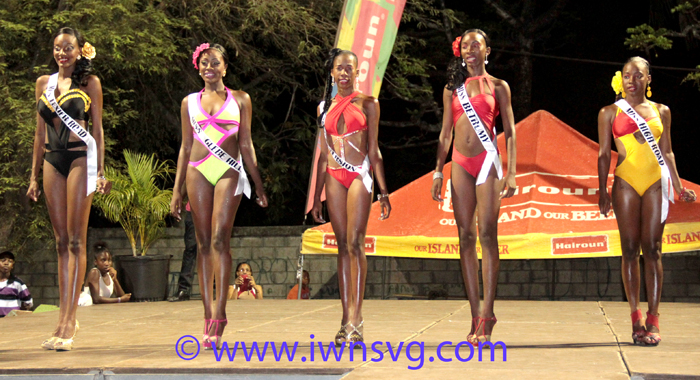 Contestants in swimwear. From left: Miss High Road Shafiqua Llewellyn, Miss Betromé Breanna George, Miss Reversion Cherise Roberts, Miss Glebe Hill Atesha Culzac, Miss Texier Road Felicia John. (IWN Photo)