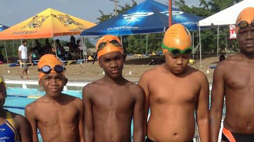 Blue Marlins swimmers. From left: Kennice Greene, Jayson Sandy, Bryson George, Tristan Ballah and Kenale Alleyne.