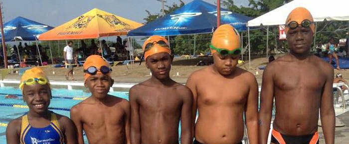 Blue Marlins swimmers. From left: Kennice Greene, Jayson Sandy, Bryson George, Tristan Ballah and Kenale Alleyne.