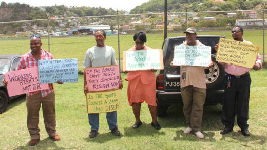 Members of the Public Service Union protest outside the Sports Council Office on Tuesday. (IWN photo)
