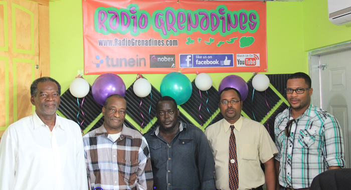 From left: Trainers Bernard Joseph and Maxian Harry, MP for the Southern Grenadines, Terrance Ollivierre, Stanton Gomes of Radio Grenadines, and Hayden Billingy  of GEF inside the studios of Radio Grenadines. (IWN photo)