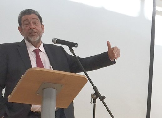 Prime Minister Ralph Gonsalves as he addressed Vincentians in Reading, England last weekend.