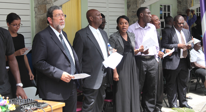 From left: Prime Minister Ralph Gonsalves, Opposition Leader Arnhim Eustace, DRP Leader Anesia Baptiste, Baptiste's husband, Calvert Baptiste, and MP for North Leeward, Patel Matthews at the funeral on Sunday. (IWN photo)