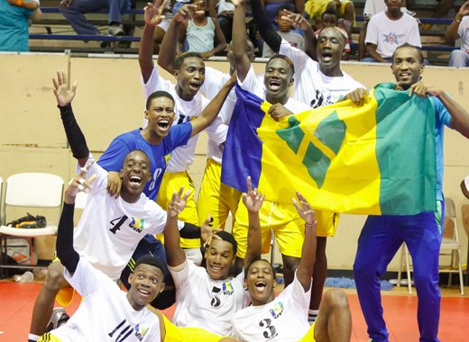 The St. Vincent and the Grenadines Volleyball team react after their victory. (Photo: noceca.net)