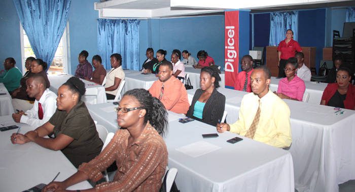 Job applicants prepare to take examinations for a chance to work at the Digicel call centre. (IWN Photo)