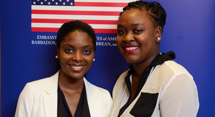 Vincentian Kimberley Cambridge, right, and Barbadian Charlene James will be traveling to the United States as Fulbright Foreign Students.