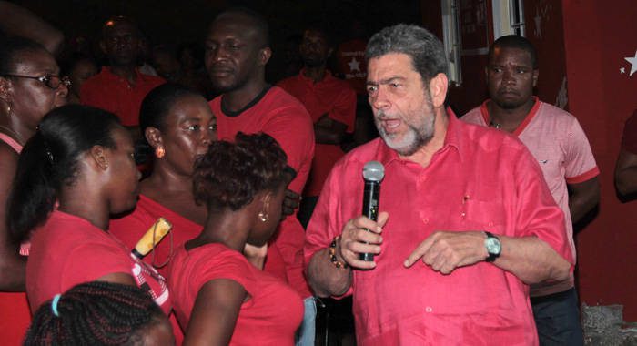 Prime Minister Dr. Ralph Gonsalves addressed party supporters in Lowmans Leeward on Saturday. (IWN photo)