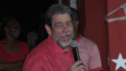 Prime Minister Dr. Ralph Gonsalves addresses party supporters at the opening of the ULP's West Kingstown office in Lowmans on Saturday. (IWN photo)