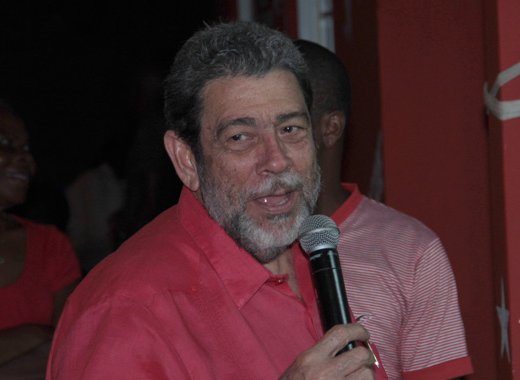 Prime Minister Dr. Ralph Gonsalves addresses party supporters at the opening of the ULP's West Kingstown office in Lowmans on Saturday. (IWN photo)