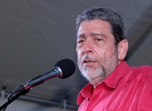 Prime Minister Ralph Gonsalves addressing the ULP rally in Chateaubelair on Sunday. (IWN photo)