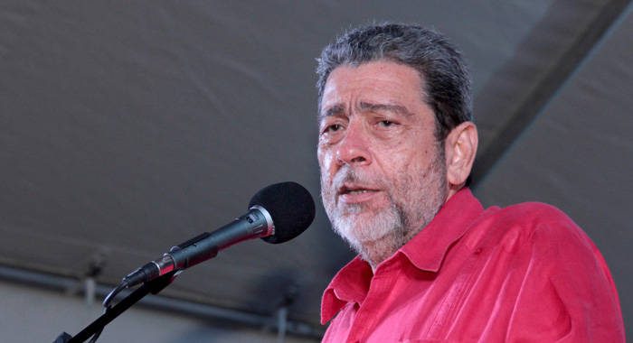 Prime Minister Ralph Gonsalves addressing the ULP rally in Chateaubelair on Sunday. (IWN photo)