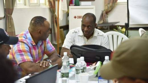 The Prime Minister of Dominica Roosevelt Skerrit in meeting with cabinet and other disaster officials. (Photo: Dominica News Online)